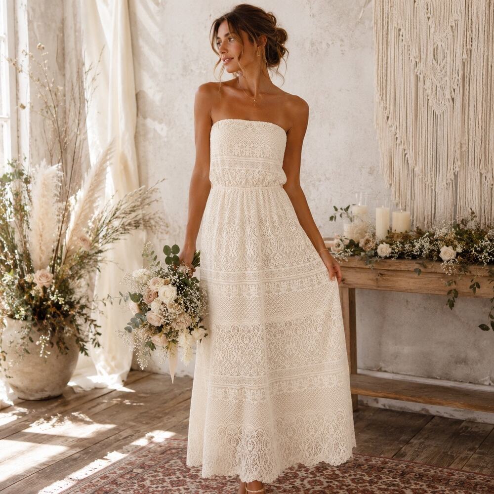 Cream Lace Strapless Maxi Dress Sz M Boho Bridal Coquette Cottage Ultra Flirt - Picture 1 of 10